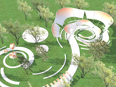 Spiral Pergola Structure In Green Grassland With Trees And Circular Pathways 3d model