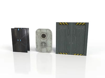 Futuristic Industrial Door Panels With Black Finish Circular Window And Yellow Warning Stripes 3d model