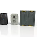 Futuristic Industrial Door Panels With Black Finish Circular Window And Yellow Warning Stripes