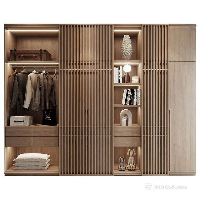 Modern Wooden Wardrobe Interior With Hanging Clothes Drawers Built-in Lighting And Decorative Shelves 3d model 