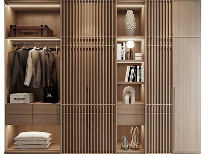 Modern Wooden Wardrobe Interior With Hanging Clothes Drawers Built-in Lighting And Decorative Shelves 3d model