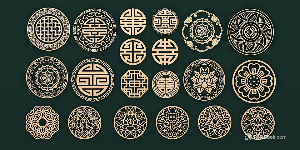 Traditional Chinese Circular Ornamental Patterns With Lotus And Geometric Designs In Gold On Green Background 3d model 