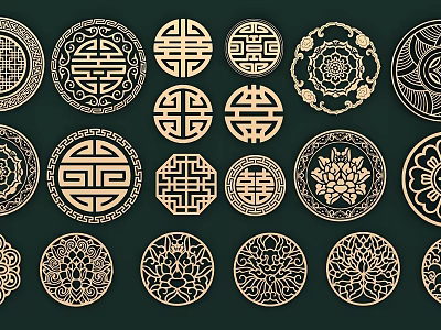 Traditional Chinese Circular Ornamental Patterns With Lotus And Geometric Designs In Gold On Green Background 3d model