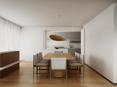 Modern Restaurant Interior With Wooden Dining Table Pendant Light And White Walls 3d model