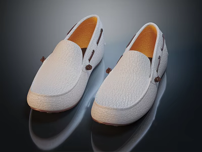 White Leather Loafers Shoes With Brown Accents And Lightweight Sole On Reflective Surface 3d model