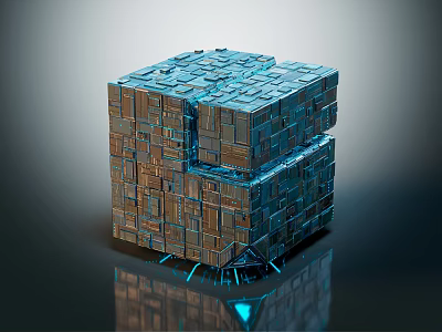 Cartoon Style Stacked Cube Structure With Blue Brown Textures And Reflective Base 3d model