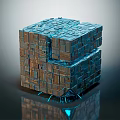 Cartoon Style Stacked Cube Structure With Blue Brown Textures And Reflective Base 3d model