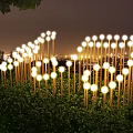 Decorative Outdoor Lawn Stake Lights Glowing In Green Grass At Night With City Skyline