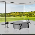 Modern White Bathtub With Black Metal Stand In Glass Wall Bathroom Overlooking Green Landscape