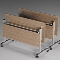 Office Desk With Wooden Top Metal Wheels Two Laptops Beverages And Two White Back Chairs