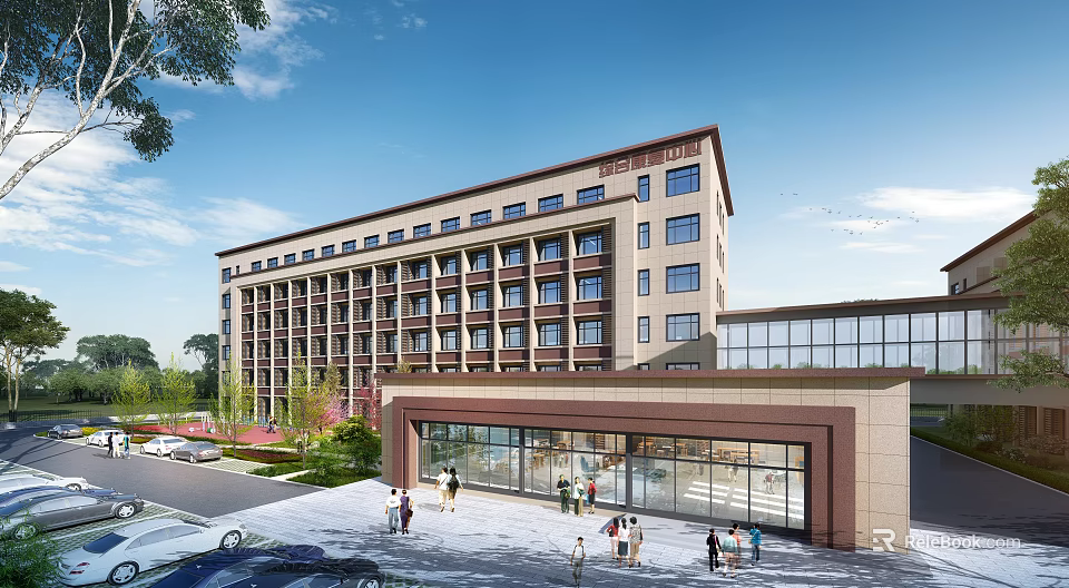 Modern Multi Story Building With Glass Facade Entrance Landscaping And People 3d model 