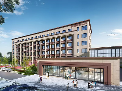 Modern Multi Story Building With Glass Facade Entrance Landscaping And People 3d model