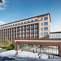 Modern Multi Story Building With Glass Facade Entrance Landscaping And People