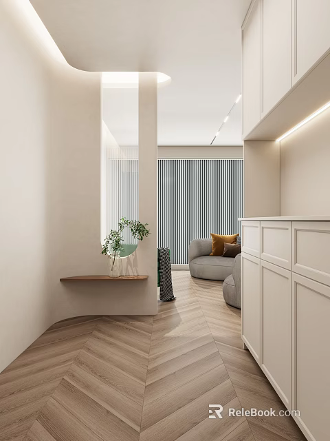 Modern Entryway Hallway With Wooden Bench Potted Plant White Cabinets And Herringbone Floor 3d model 