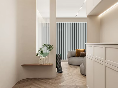 Modern Entryway Hallway With Wooden Bench Potted Plant White Cabinets And Herringbone Floor 3d model