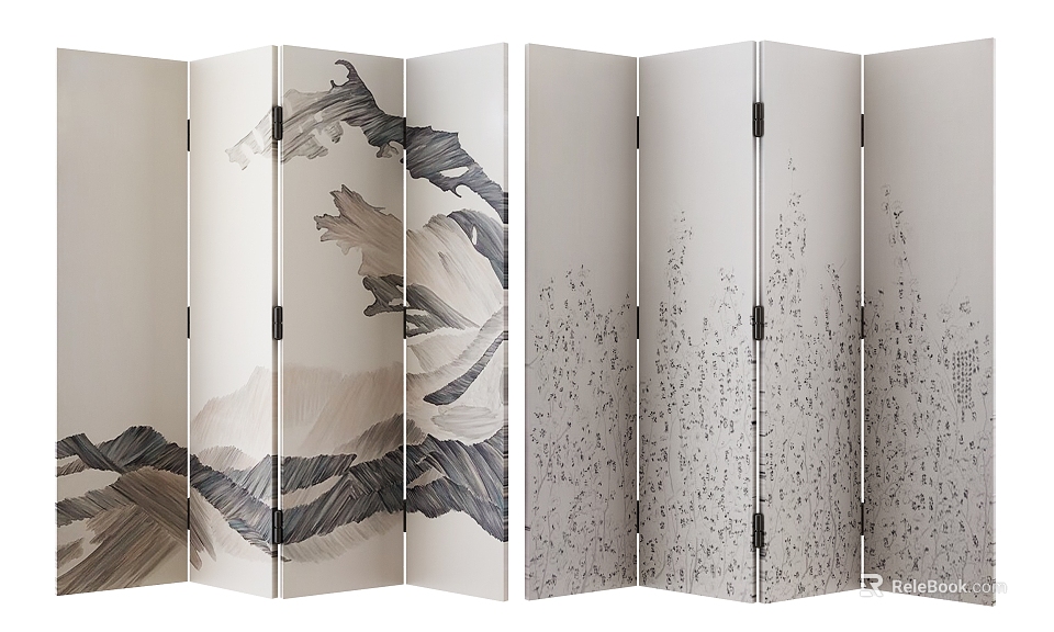 Traditional Chinese Folding Screen With Ink Mountain Landscape And Calligraphy Design Panels 3d model 