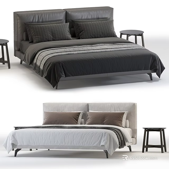 Elegant Modern Double Bed With Striped Bedspread Pillows And Side Stools 3d model