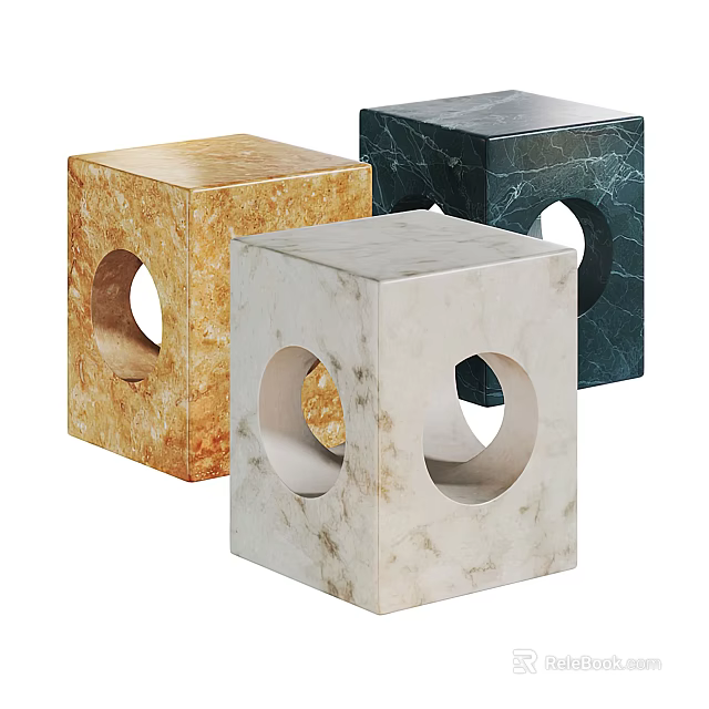 Modern Cube Shaped Stools With Circular Holes In Three Marble Colors 3d model