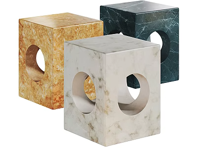 Modern Cube Shaped Stools With Circular Holes In Three Marble Colors 3d model