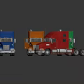 Four Colorful Toy Truck Models Blue Orange Green Red Arranged On Dark Reflective Surface