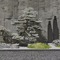 Traditional Stone Feature Wall With Snowy Pine Tree Rocks Grass And Lantern 3d model