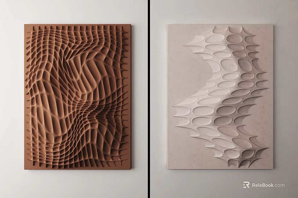 Modern 3D Textured Wall Decor with Wave Patterns in Brown and Light Gray Tones 3d model 