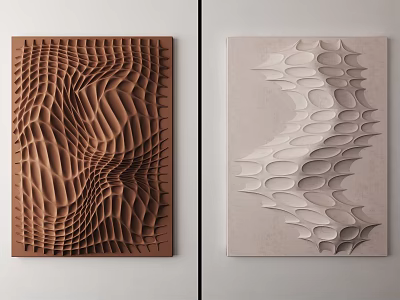 Modern 3D Textured Wall Decor with Wave Patterns in Brown and Light Gray Tones 3d model