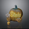 Halloween Pumpkin Decoration With Hands Holding Playing Cards Lit Stake Text And Candle