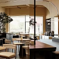 Modern Café Interior With Large Windows Indoor Tree Round Tables And Open Bar 3d model