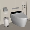 Smart Toilet With Digital Display In Modern Bathroom With Toilet Paper Holder And Trash Bin