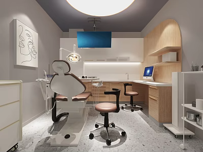 Modern Dental Clinic Interior With Dental Chair Surgical Lamp Computer Wooden Cabinets And Painting 3d model