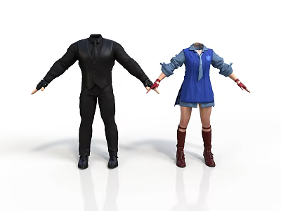 Headless Characters In Black Suit And Blue Dress Holding Hands On White Background 3d model