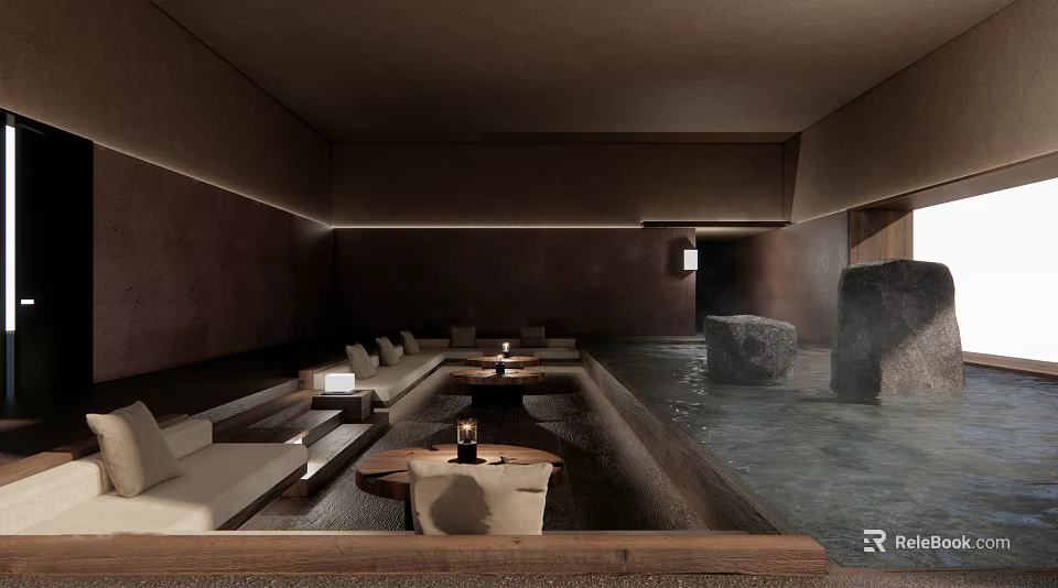 Modern Hotel Public Lounge With Water Pool Stone Elements And Warm Ambient Lighting 3d model 