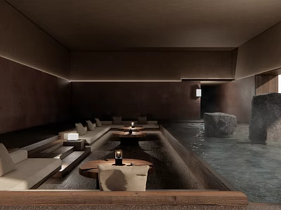 Modern Hotel Public Lounge With Water Pool Stone Elements And Warm Ambient Lighting 3d model