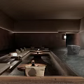 Modern Hotel Public Lounge With Water Pool Stone Elements And Warm Ambient Lighting