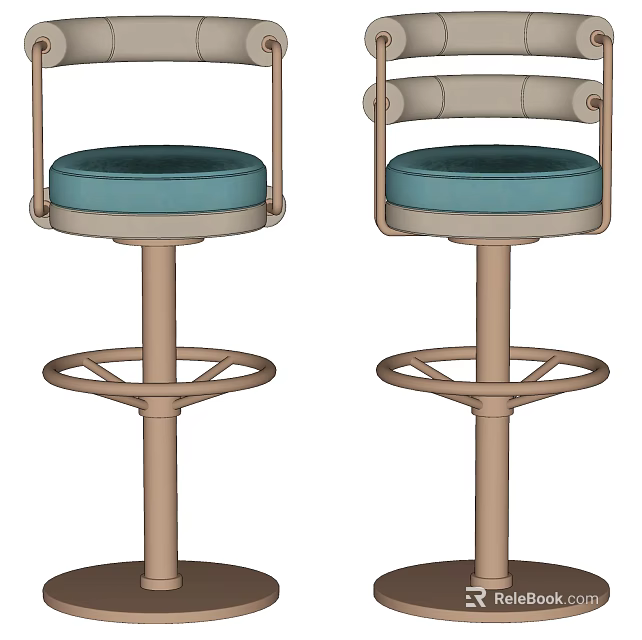 Two Modern Bar Stools With Teal Seat Cushion Curved Backrest And Sturdy Metal Base 3d model 