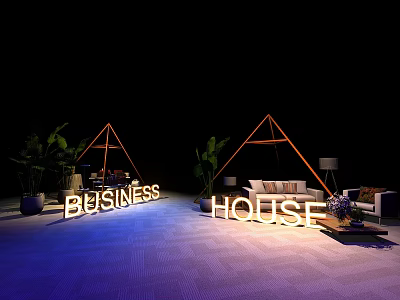 Business House Lounge Space With Sofa Plants And Illuminated Letters 3d model