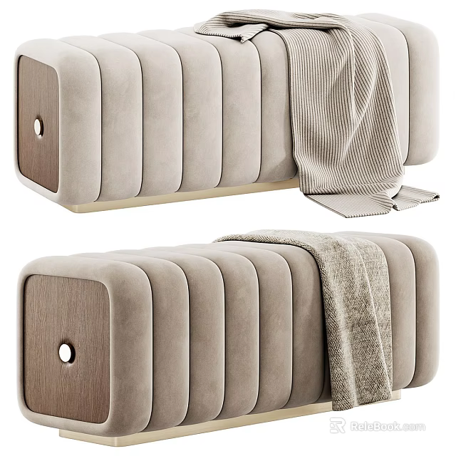 Elegant Modern Beige Velvet Sofa Bench With Striped Design And Wooden Accent Throw Blanket 3d model 