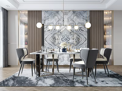 Modern Luxury Dining Room With Marble Backdrop Round Table Pendant Lights Gray Chairs And Rug 3d model