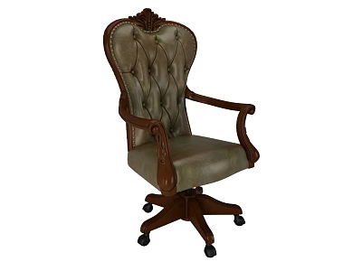 Traditional Office Chair With Carved Wooden Arms Padded Seat And Wheeled Base 3d model