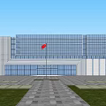 Modern Office Building With Glass Curtain Wall Red Flag Trees People And Parked Cars