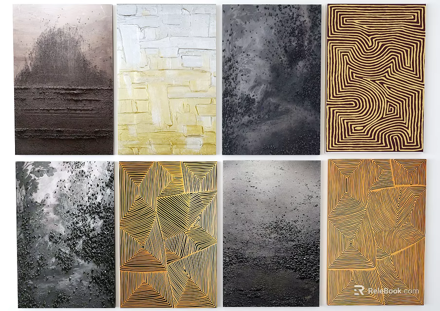 Diverse Abstract Artworks Collection Featuring Textured Surfaces Geometric Patterns And Gold Accents 3d model 
