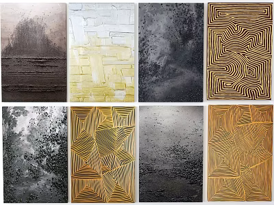Diverse Abstract Artworks Collection Featuring Textured Surfaces Geometric Patterns And Gold Accents 3d model