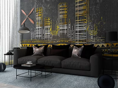 Dark Gray Three Seater Sofa With Decorative Pillows And Cityscape Wall Art In Living Room 3d model