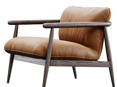 Modern Single Sofa With Brown Leather Upholstery And Wooden Armrest Frame 3d model