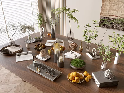 Elegant Decorative Items Set on Wooden Tabletop With Green Plants Vases Fresh Fruits Trays Books 3d model
