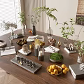 Elegant Decorative Items Set on Wooden Tabletop With Green Plants Vases Fresh Fruits Trays Books