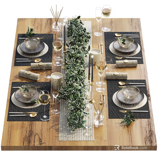 Elegant Dining Tableware Set With Greenery Decoration Plates Wine Glasses And Napkins 3d model