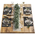 Elegant Dining Tableware Set With Greenery Decoration Plates Wine Glasses And Napkins 3d model