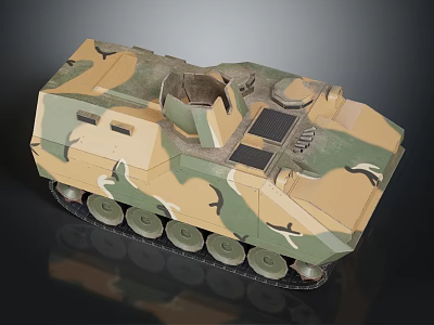 Armored Military Vehicle With Camouflage Pattern Tracked Wheels And Top Turret Hatch 3d model